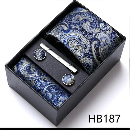 Top Grade Holiday Gift Box 7.5 cm Green Print Tie Pocket Squares Cufflink Set Gravatas Man Suit Accessories Fit Formal Party - BOC-WEAR