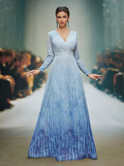 A V-neck, long-sleeved, irregularly folded, cross-printed, embossed, slide-shaped, and large-sleeved dress