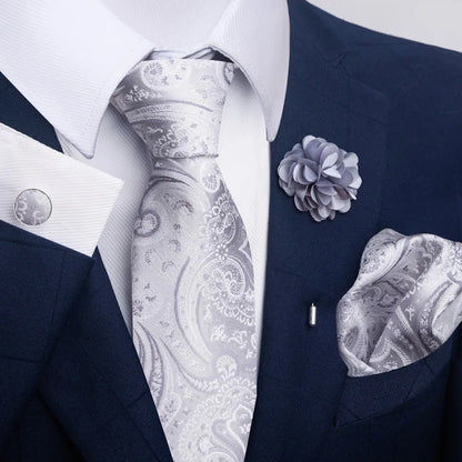 Luxury Men's Floral Tie Set - Black Gold Paisley Necktie with Pocket Square, Cufflinks & Brooch - BOC-WEAR