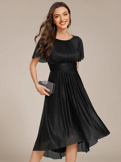 Elegant Evening Dresses Short Sleeves Pleated Ruffle Round Neck Asymmetrical 2025 Ever Pretty of Black Wedding Guest Dress
