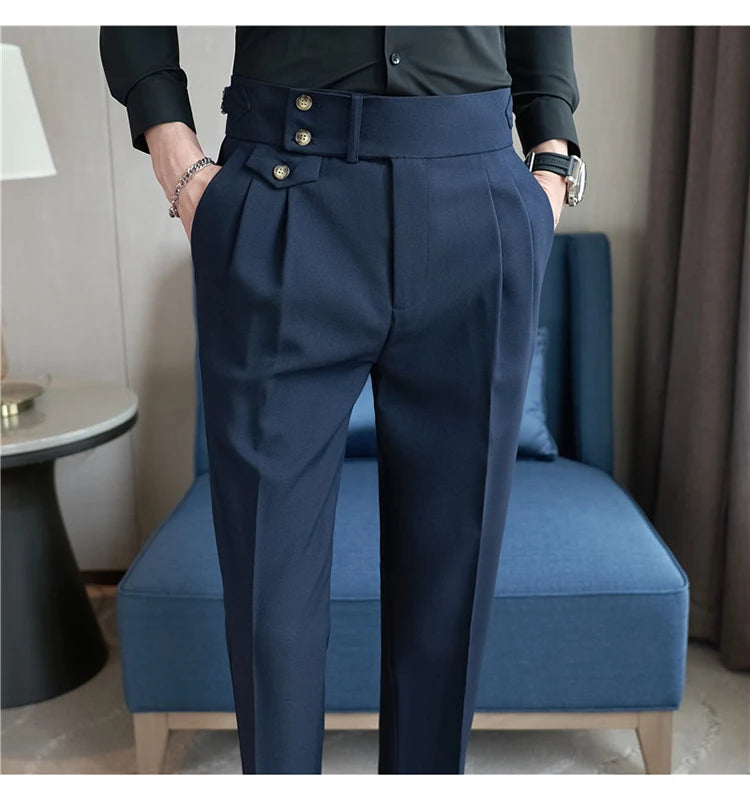 2025 Spring Autumn Men High Waist Belt Design Casual Slim Formal Dress Pant Men Social Office Wedding Party Dress Suit Pants