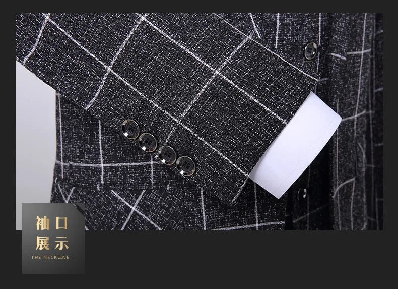 Suit Fashion Business Casual Gentleman Men's Italian Style Elegant Plaid Slim-Fit Formal 3-Piece Suit