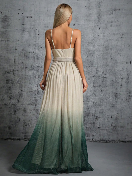 Plus Size Halter V-Neck Pleated Silk Gown