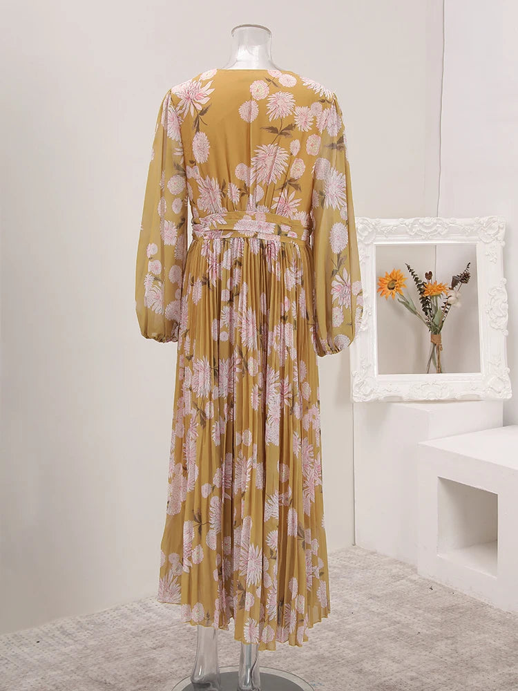 BOC-WEAR LANMREM Pleated Long Dress - Floral Print Lace-Up Dress for Church - BOC-WEAR