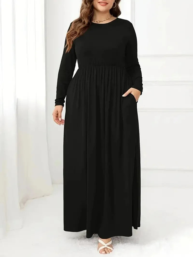 Plus Size Plus Size Solid Color Dress Casual Waist Cinched Long Sleeve round Neck Long Dress Comfortable Fashion Women's Clot... - BOC-WEAR