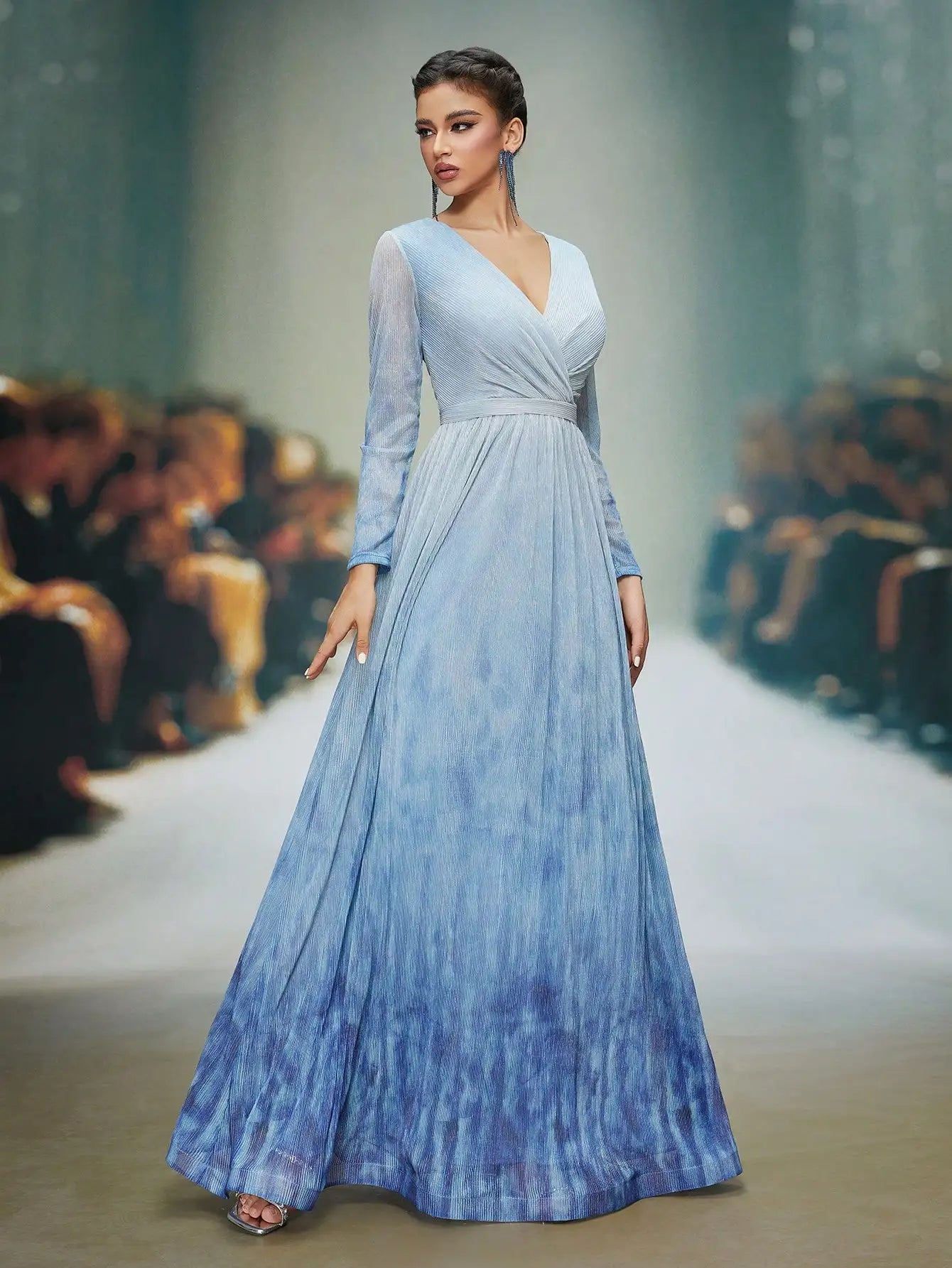 A V-neck, long-sleeved, irregularly folded, cross-printed, embossed, slide-shaped, and large-sleeved dress