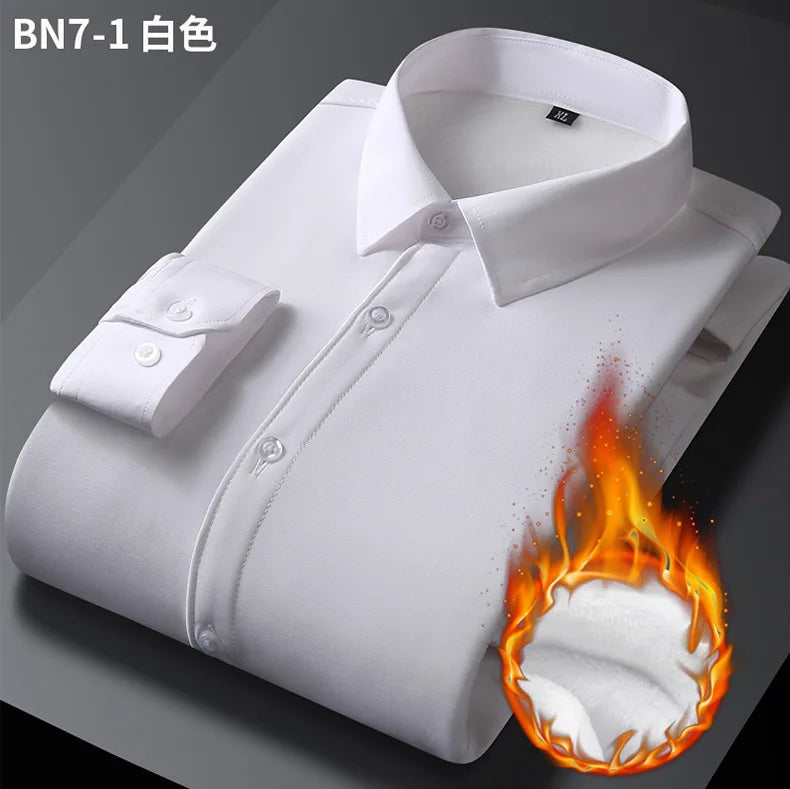 2025 Men's Autumn Winter Long Sleeve Shirts White Warm Fleece Stretch Shirt Formal Business Office Wear Dress Shirts Male M-5XL - BOC-WEAR
