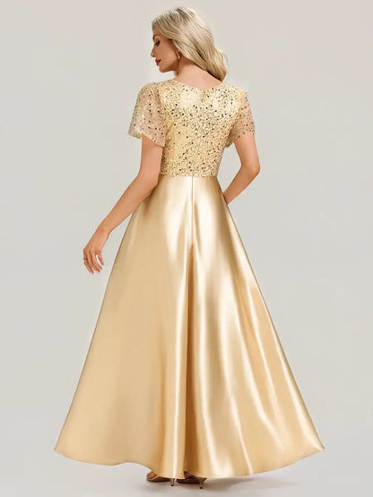 V-Neck Ruffle Applique Evening Dress