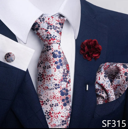 Luxury Men's Floral Tie Set - Black Gold Paisley Necktie with Pocket Square, Cufflinks & Brooch - BOC-WEAR