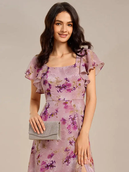 Elegant Evening Dress Short Sleeve Ruffle Backless Floor Length 2025 Ever Pretty of A-Line Light purple printFormal Dresses
