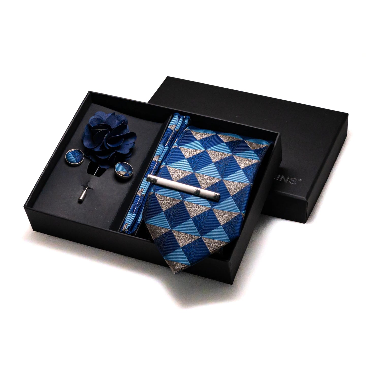 Navy blue Silk Necktie Paisley Floral Mens Tie Pocket Square Cufflinks Set Quality Business Wedding Birthday Gift Box Gravatas - BOC-WEAR