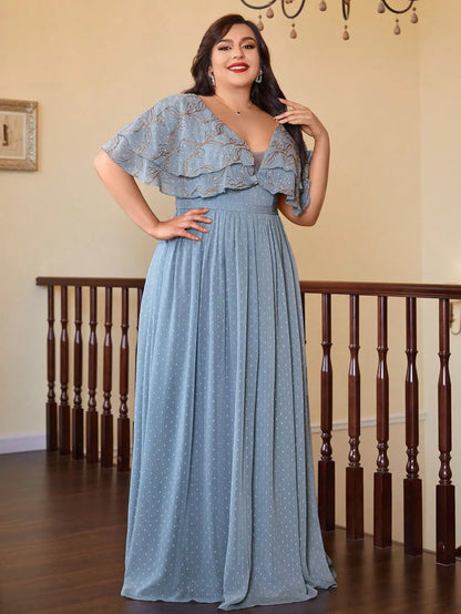 V-neck, double-layered shawl sleeves, chiffon, gold thread embroidery, large hem, bright silk long dress