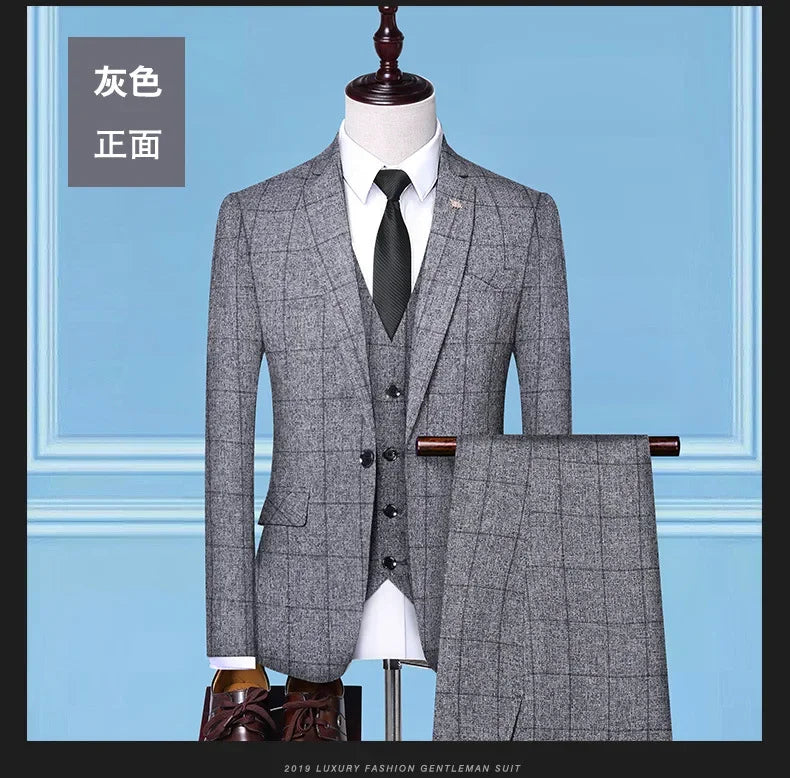 Suit Fashion Business Casual Gentleman Men's Italian Style Elegant Plaid Slim-Fit Formal 3-Piece Suit