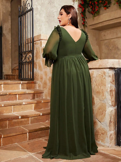 Plus Size Lantern Sleeve Chiffon Gown