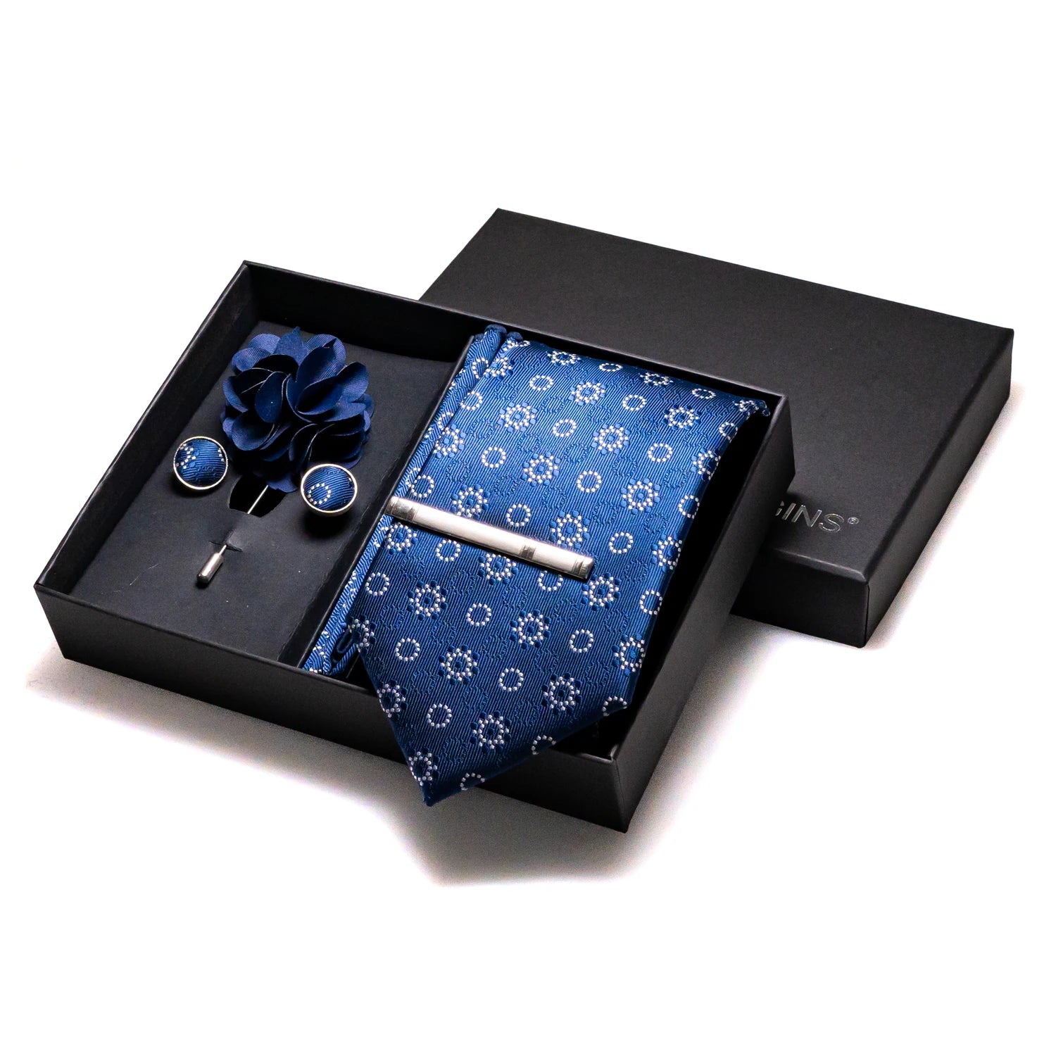 Navy blue Silk Necktie Paisley Floral Mens Tie Pocket Square Cufflinks Set Quality Business Wedding Birthday Gift Box Gravatas - BOC-WEAR