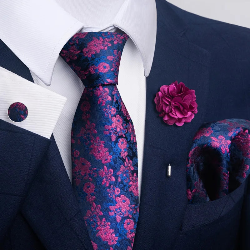 Luxury Men's Floral Tie Set - Black Gold Paisley Necktie with Pocket Square, Cufflinks & Brooch - BOC-WEAR