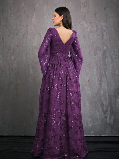 V-Neck Embroidered Sequin Slit Evening Dress