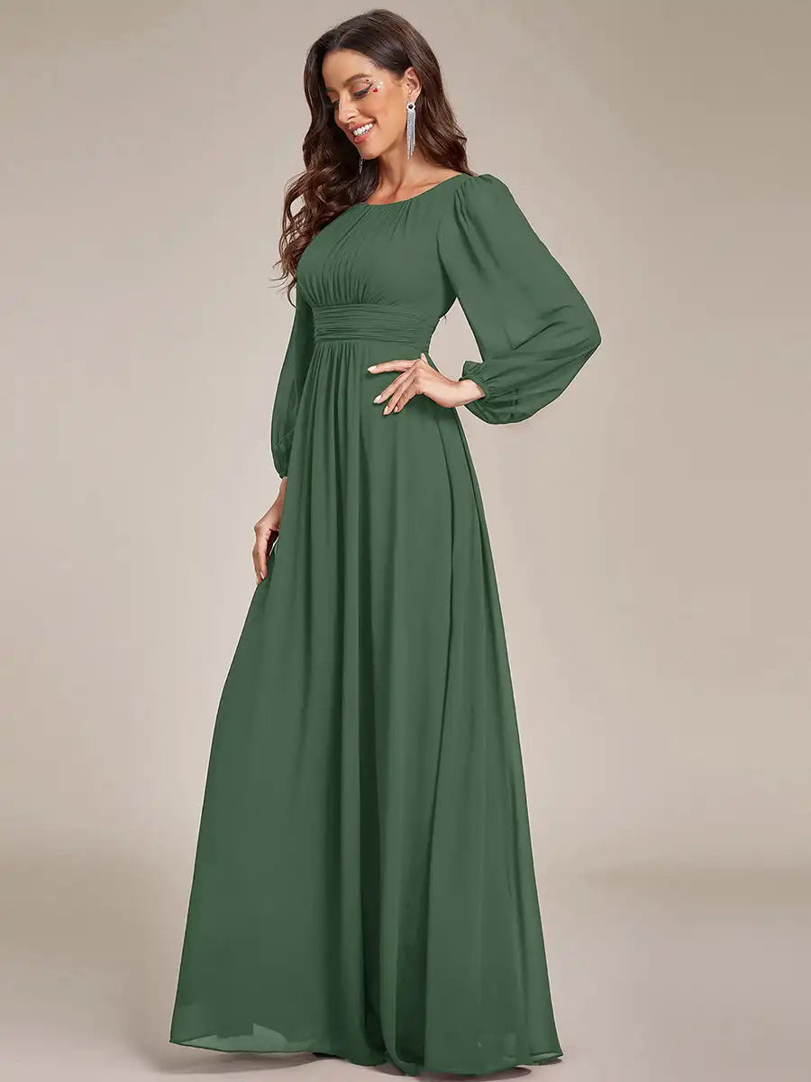 JAEL Classic Evening Dress - Round Neck A-Line Bridesmaid Dress with Lantern Sleeves