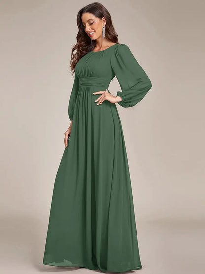 JAEL Classic Evening Dress - Round Neck A-Line Bridesmaid Dress with Lantern Sleeves