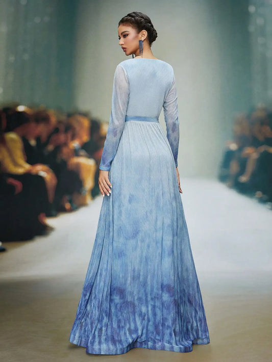 A V-neck, long-sleeved, irregularly folded, cross-printed, embossed, slide-shaped, and large-sleeved dress