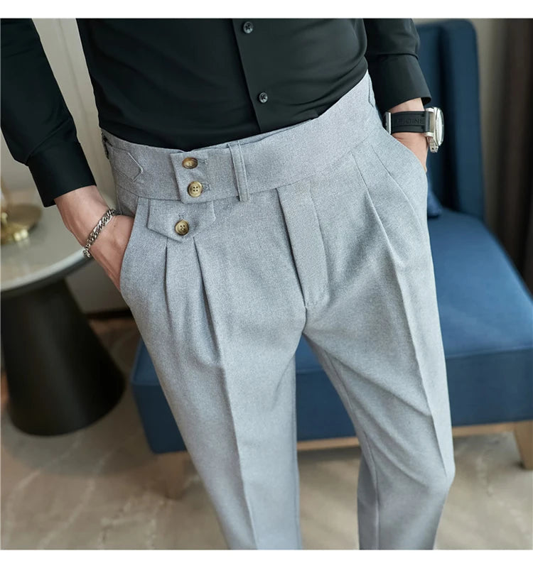 2025 Spring Autumn Men High Waist Belt Design Casual Slim Formal Dress Pant Men Social Office Wedding Party Dress Suit Pants