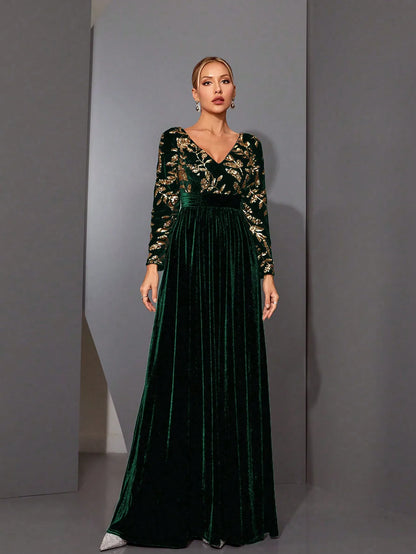 Mgiacyv-neck, gorgeous sequined, long-sleeved, velvet, large-sleeved dress with a cinched waist