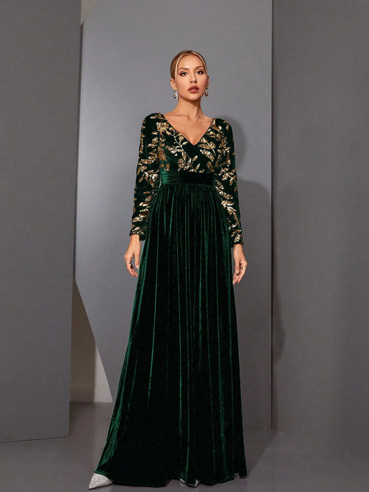 Sequin Velvet Long Sleeve Evening Dress