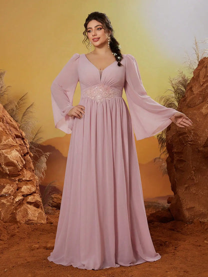 Mgiacyv-neck pearl chiffon irregular sleeves with a shorter front and longer back hem high-end evening dress