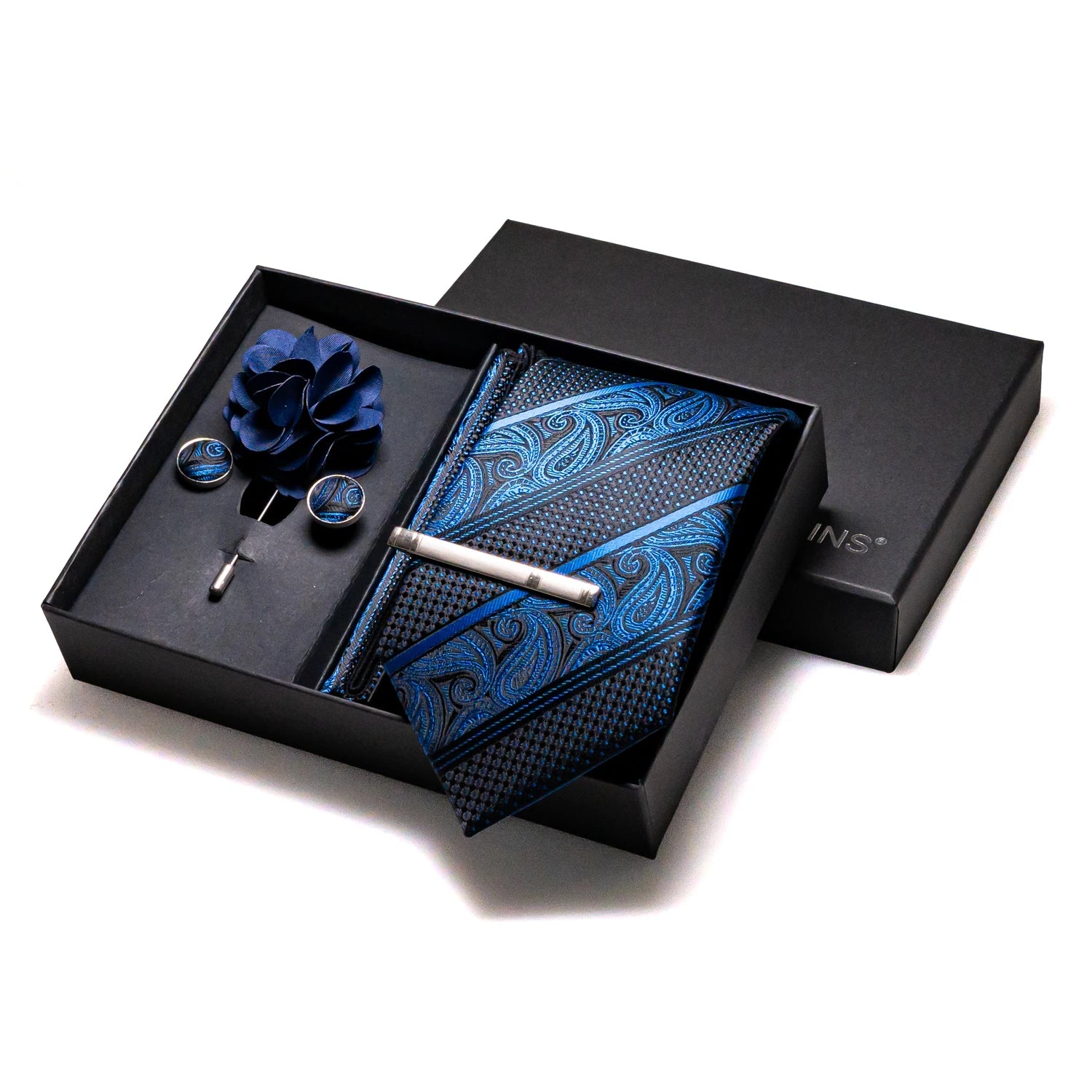 Navy blue Silk Necktie Paisley Floral Mens Tie Pocket Square Cufflinks Set Quality Business Wedding Birthday Gift Box Gravatas - BOC-WEAR