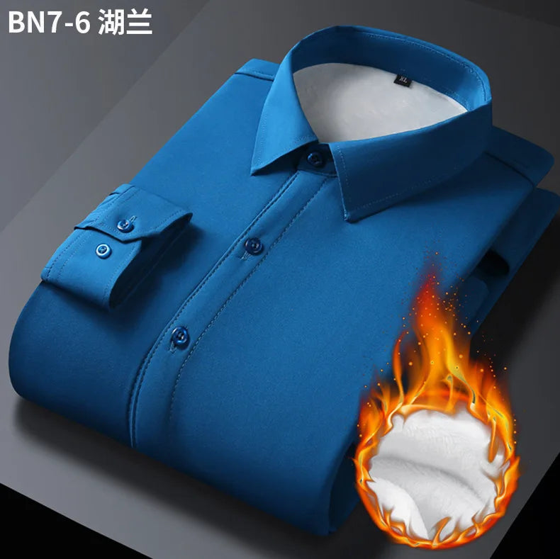 2025 Men's Autumn Winter Long Sleeve Shirts White Warm Fleece Stretch Shirt Formal Business Office Wear Dress Shirts Male M-5XL - BOC-WEAR