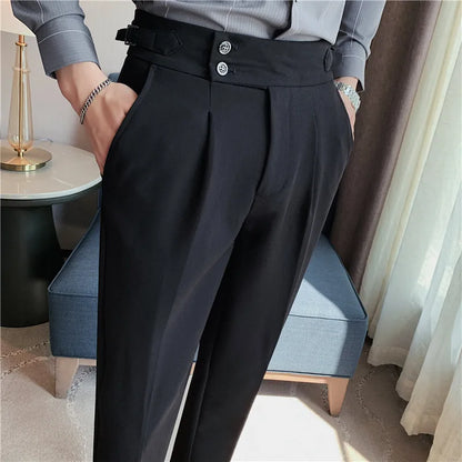 2025 Spring Autumn Men High Waist Belt Design Casual Slim Formal Dress Pant Men Social Office Wedding Party Dress Suit Pants
