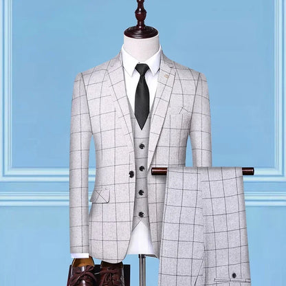 Suit Fashion Business Casual Gentleman Men's Italian Style Elegant Plaid Slim-Fit Formal 3-Piece Suit