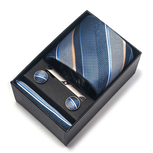 Premium Men's Tie Gift Set - 8cm Silk Necktie with Pocket Square, Cufflinks & Tie Clip - BOC-WEAR