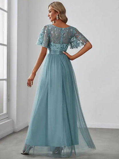 Round Neck Ruffle Sleeve Evening Gown