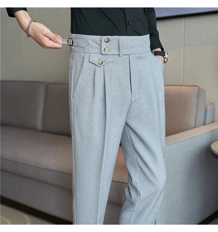 2025 Spring Autumn Men High Waist Belt Design Casual Slim Formal Dress Pant Men Social Office Wedding Party Dress Suit Pants