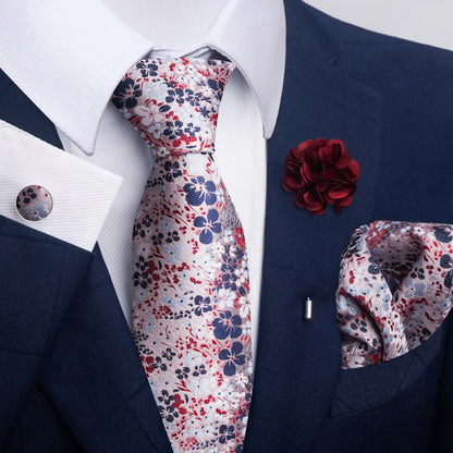 Luxury Men's Floral Tie Set - Black Gold Paisley Necktie with Pocket Square, Cufflinks & Brooch - BOC-WEAR