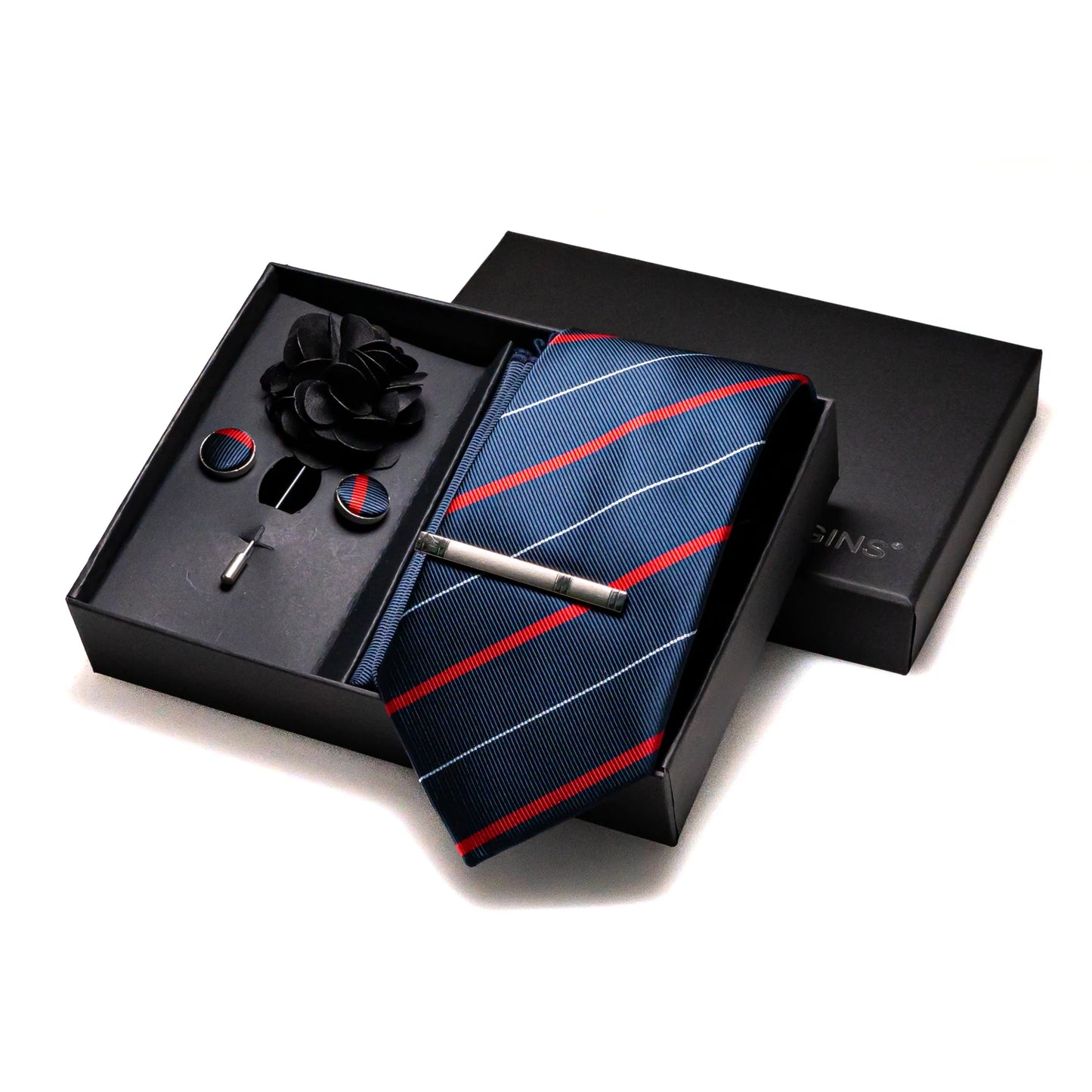 Navy blue Silk Necktie Paisley Floral Mens Tie Pocket Square Cufflinks Set Quality Business Wedding Birthday Gift Box Gravatas - BOC-WEAR