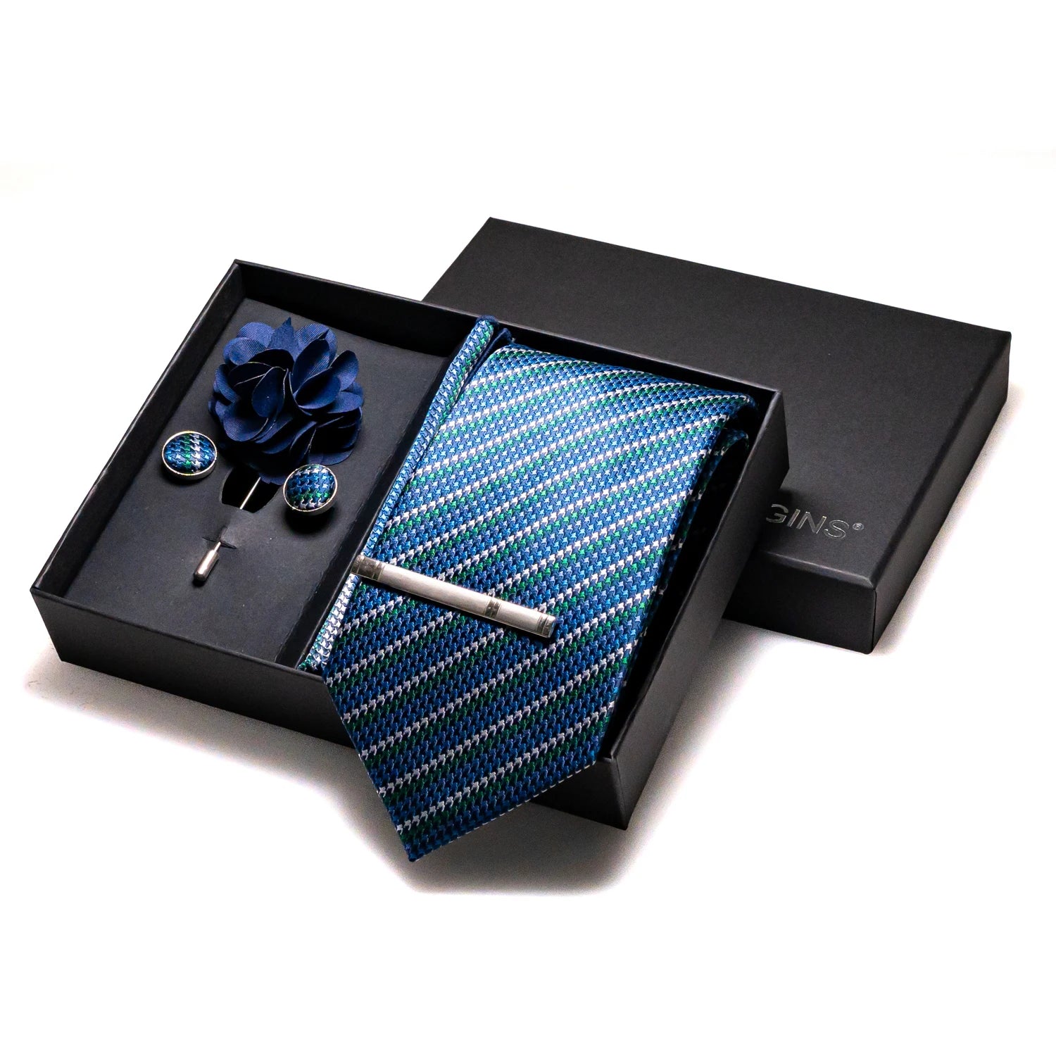 Navy blue Silk Necktie Paisley Floral Mens Tie Pocket Square Cufflinks Set Quality Business Wedding Birthday Gift Box Gravatas - BOC-WEAR