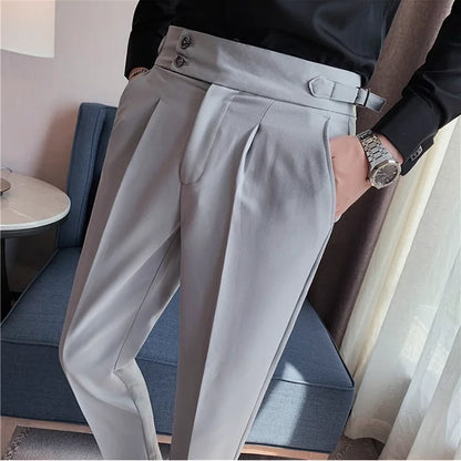 2025 Spring Autumn Men High Waist Belt Design Casual Slim Formal Dress Pant Men Social Office Wedding Party Dress Suit Pants