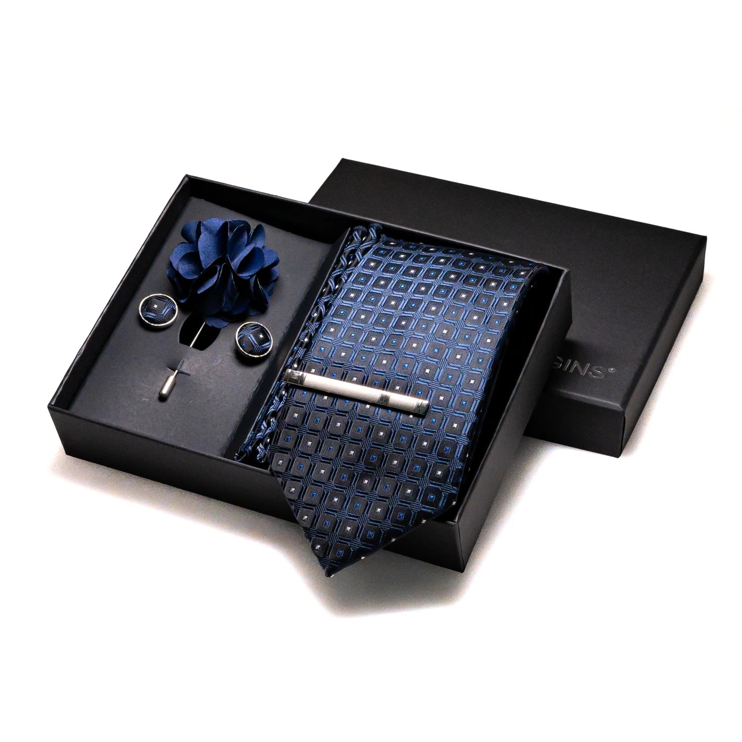 Navy blue Silk Necktie Paisley Floral Mens Tie Pocket Square Cufflinks Set Quality Business Wedding Birthday Gift Box Gravatas - BOC-WEAR