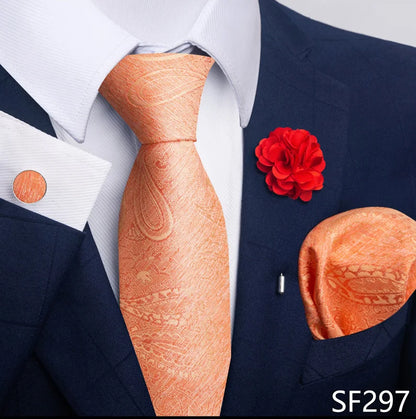 Luxury Men's Floral Tie Set - Black Gold Paisley Necktie with Pocket Square, Cufflinks & Brooch - BOC-WEAR