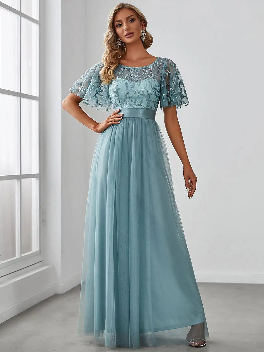 Round Neck Ruffle Sleeve Evening Gown