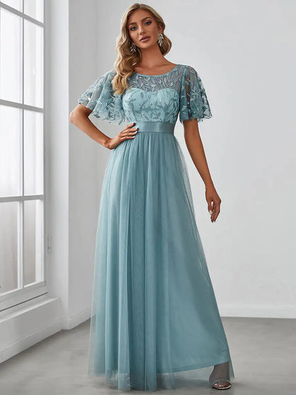 Round Neck Ruffle Sleeve Evening Gown