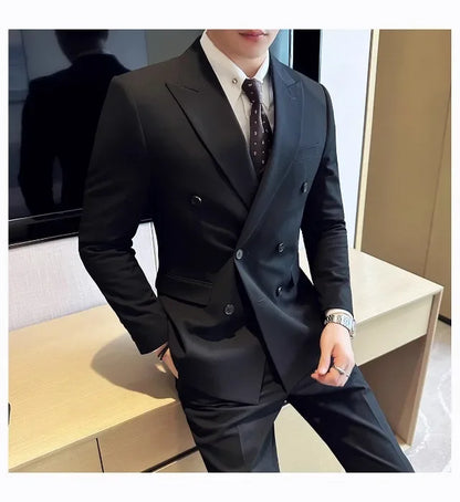 Men's Slim Fit Business Suit Set - Double Breasted Wedding Groom Suit with Pants | British Style - BOC-WEAR