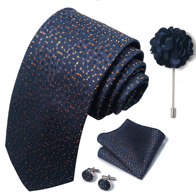 Luxury Men's Floral Tie Set - Black Gold Paisley Necktie with Pocket Square, Cufflinks & Brooch - BOC-WEAR