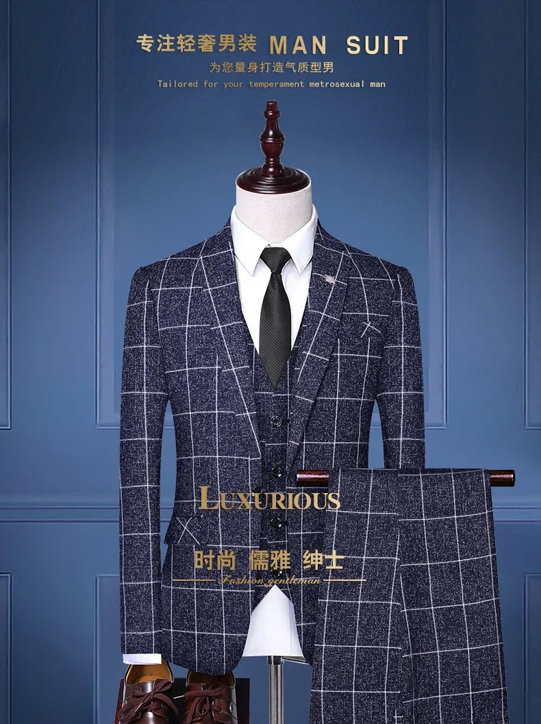 Suit Fashion Business Casual Gentleman Men's Italian Style Elegant Plaid Slim-Fit Formal 3-Piece Suit