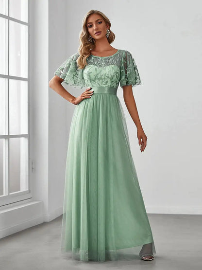 Round Neck Ruffle Sleeve Evening Gown