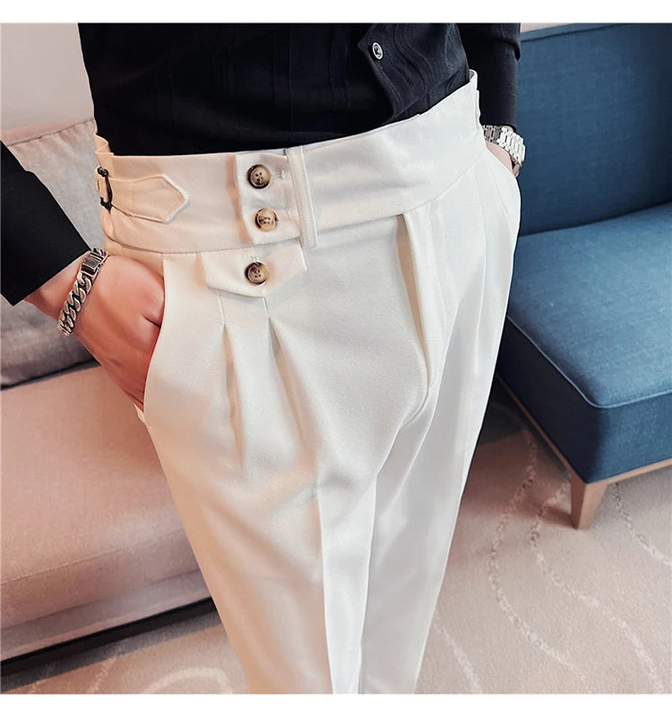 2025 Spring Autumn Men High Waist Belt Design Casual Slim Formal Dress Pant Men Social Office Wedding Party Dress Suit Pants