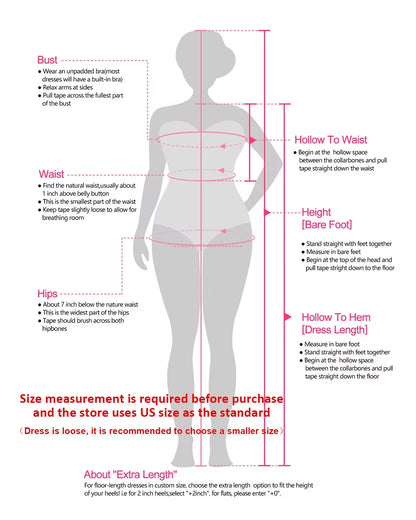 Measurement chart for dress fitting with a silhouette and text instructions.