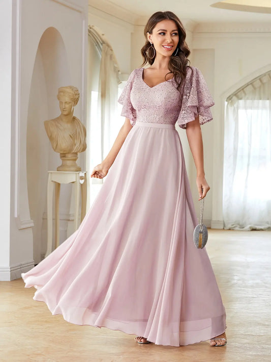 Mgiacy V-neck half sleeve chiffon extra long lace patchwork elegant dress Evening gown Ball dress Party dress Bridesmaid dress